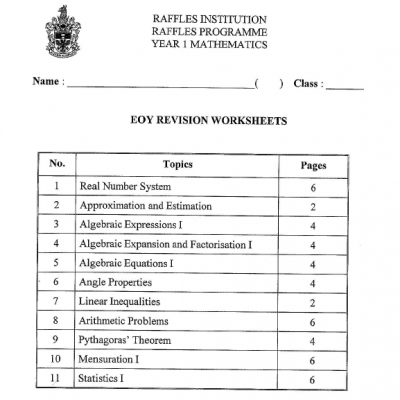 2019 RI Year 1 IP (Sec 1 Integrated Programme) Mathematics Topical Revision (soft copy)